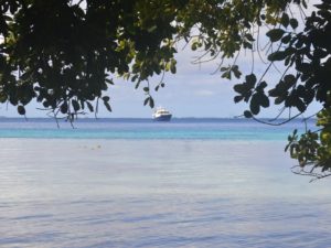 The motor vessel Reel Dreams pulls into Enemanet Island in early March, 2018 and prepares to pick up a yacht club buoy. Photo: Karen Earnshaw